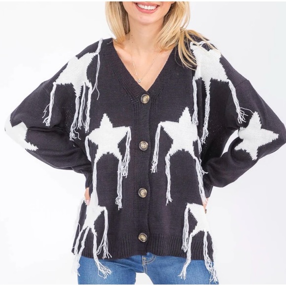 BiBi Sweaters - Bibi | star print fringe cardigan